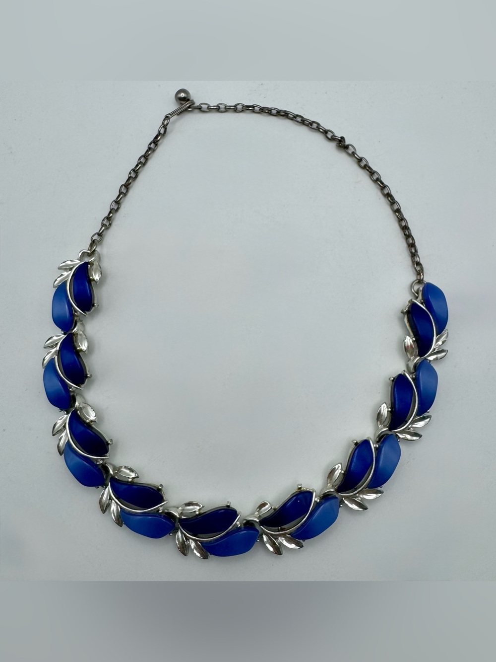 Vintage Coro Blue Thermoset Necklace Silver Tone Mid Century Leaf Design